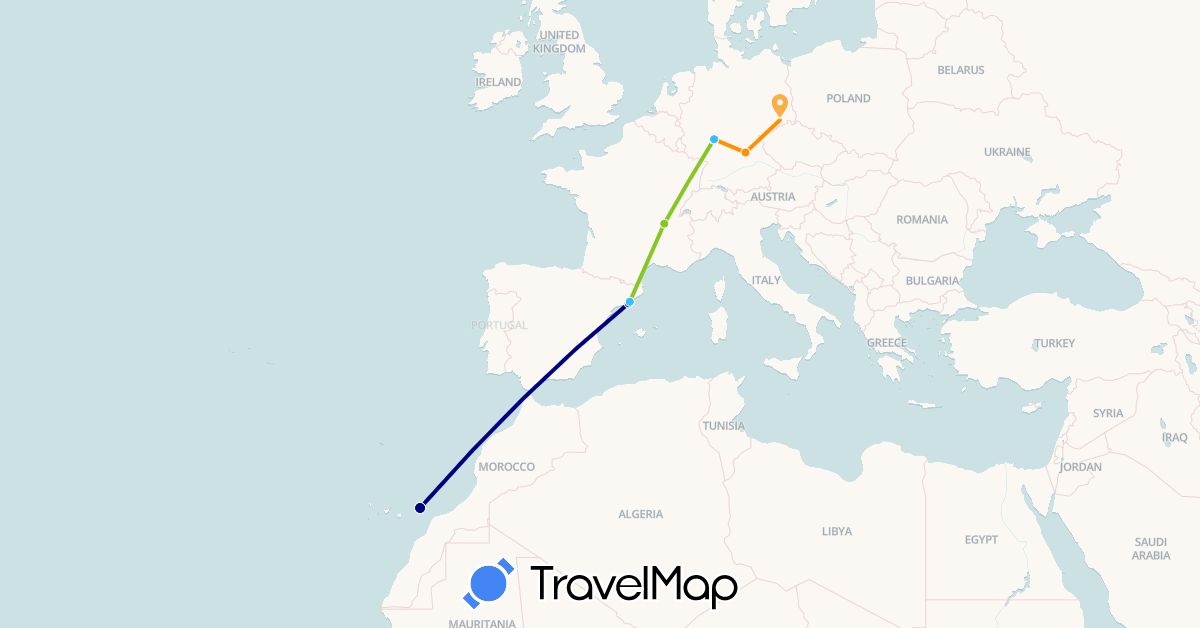 TravelMap itinerary: driving, boat, hitchhiking, electric vehicle in Germany, Spain, France (Europe)